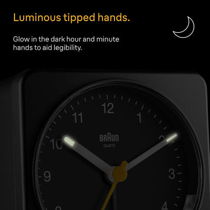 Braun Classic Analogue Alarm Clock with Snooze and Light, Quiet Quartz Sweeping Movement, Crescendo Beep Alarm in Black, Model BC03B.