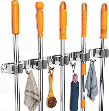 CUXIXA Mop and Broom Holder Wall Mount, Upgraded Broom Organizer Wall Mount, Stainless Steel Broom Hanger Wall Mount for Home Kitchen Garden Laundry Garage (3 Racks with 4 Hooks)