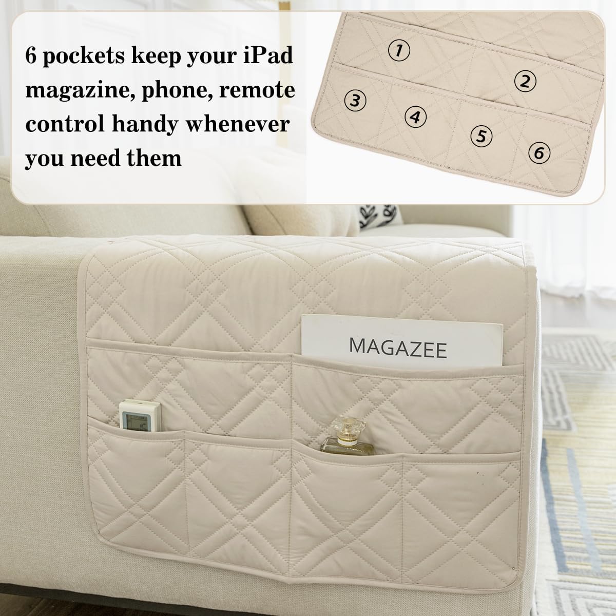 Couch Armrest Organizer Remote Control Holder Bedside Caddy with 6 Pockets, Non-Slip Armchair Caddy Sofa Armrest Organizer for Tv Remote Control, Magazine, Cell Phone, Beige