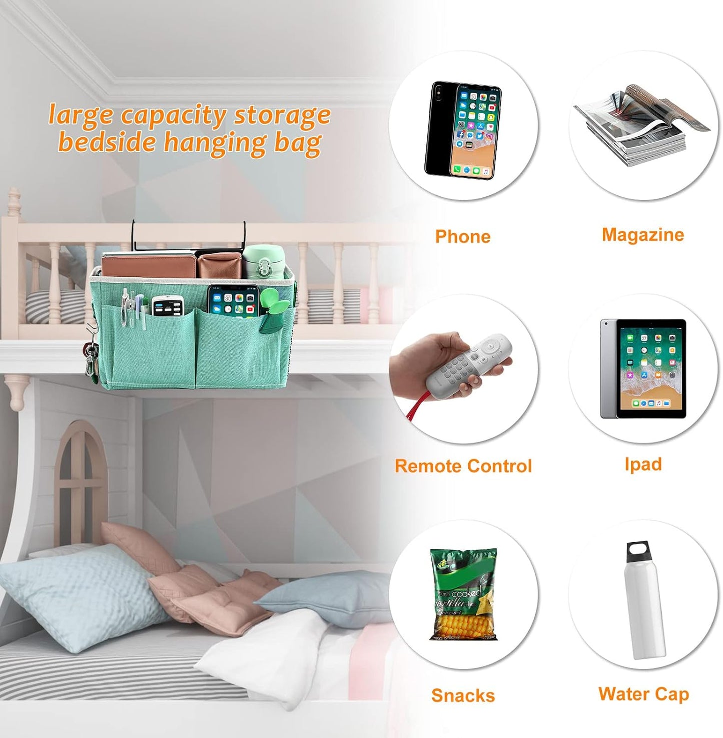 Surblue Bedside Caddy Bedside Storage Bag Hanging Organizer for Bunk, Hospital Beds, Dorm Rooms Bed Rails Camp 4 Pockets and 2 Hooks (Skyblue)