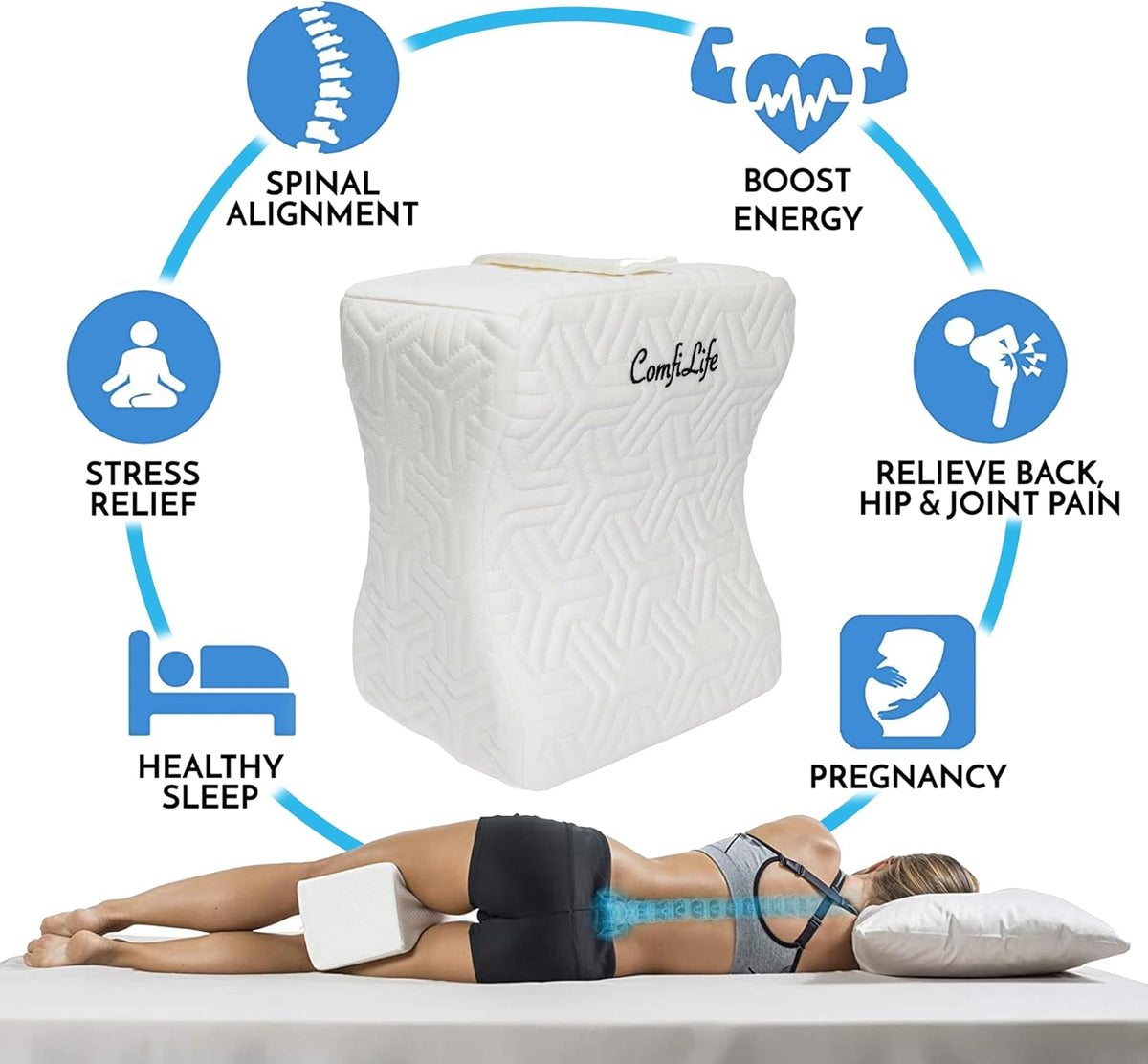 ComfiLife Knee Pillow for Side Sleepers – Cooling Leg Pillow for Side Sleeping – Knee Pillow with Strap for Hip Pain, Back Pain, Sciatica Pain Relief – Memory Foam Hip Pillow Contour Design