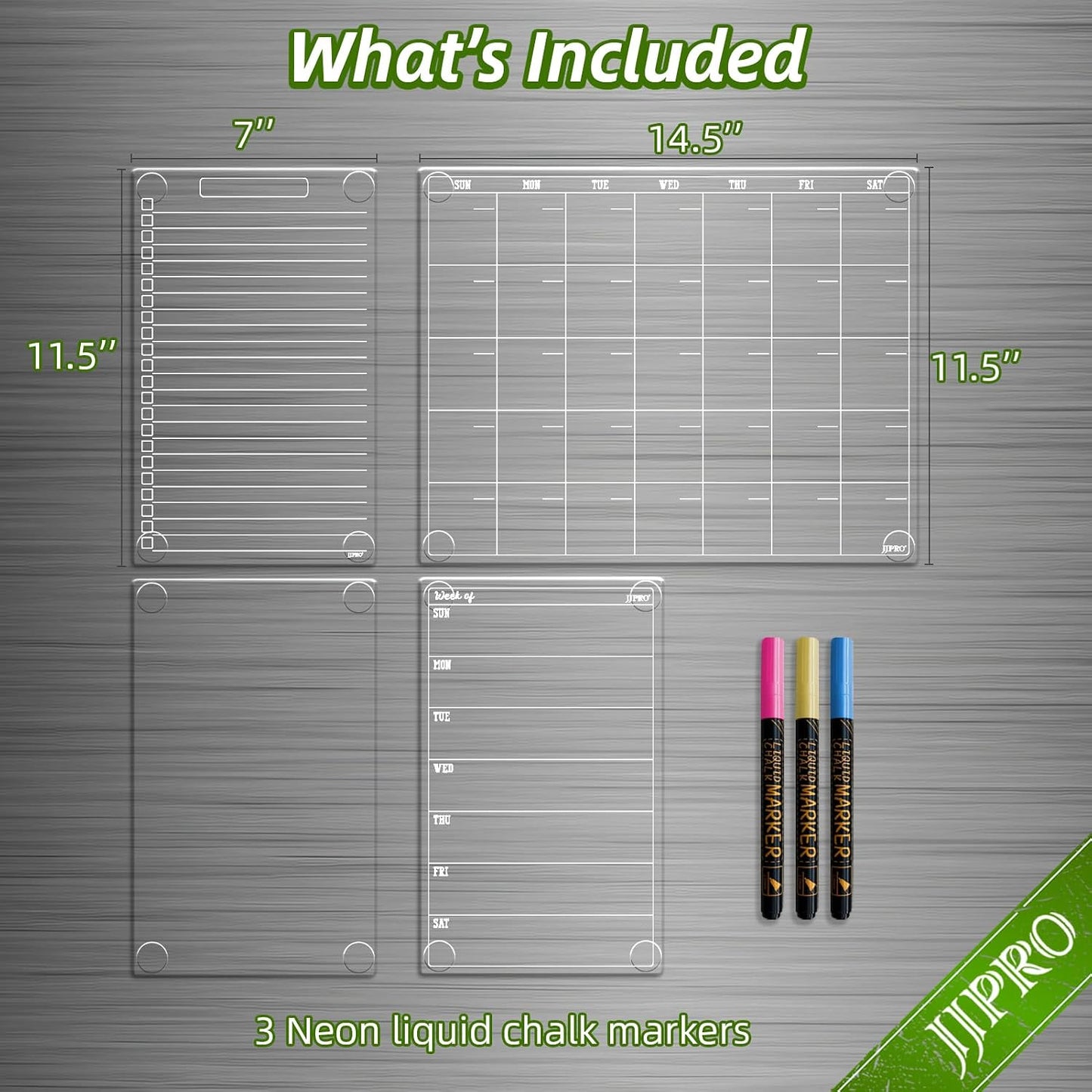 JJPRO Non-Magnetic Dry Erase Calendar for Fridge, Monthly Calendar, Weekly Planning Board Bundle for All Smooth Surfaces. Clear Reusable Calendar Stick to Fridge,Cabinet,Door&Glass