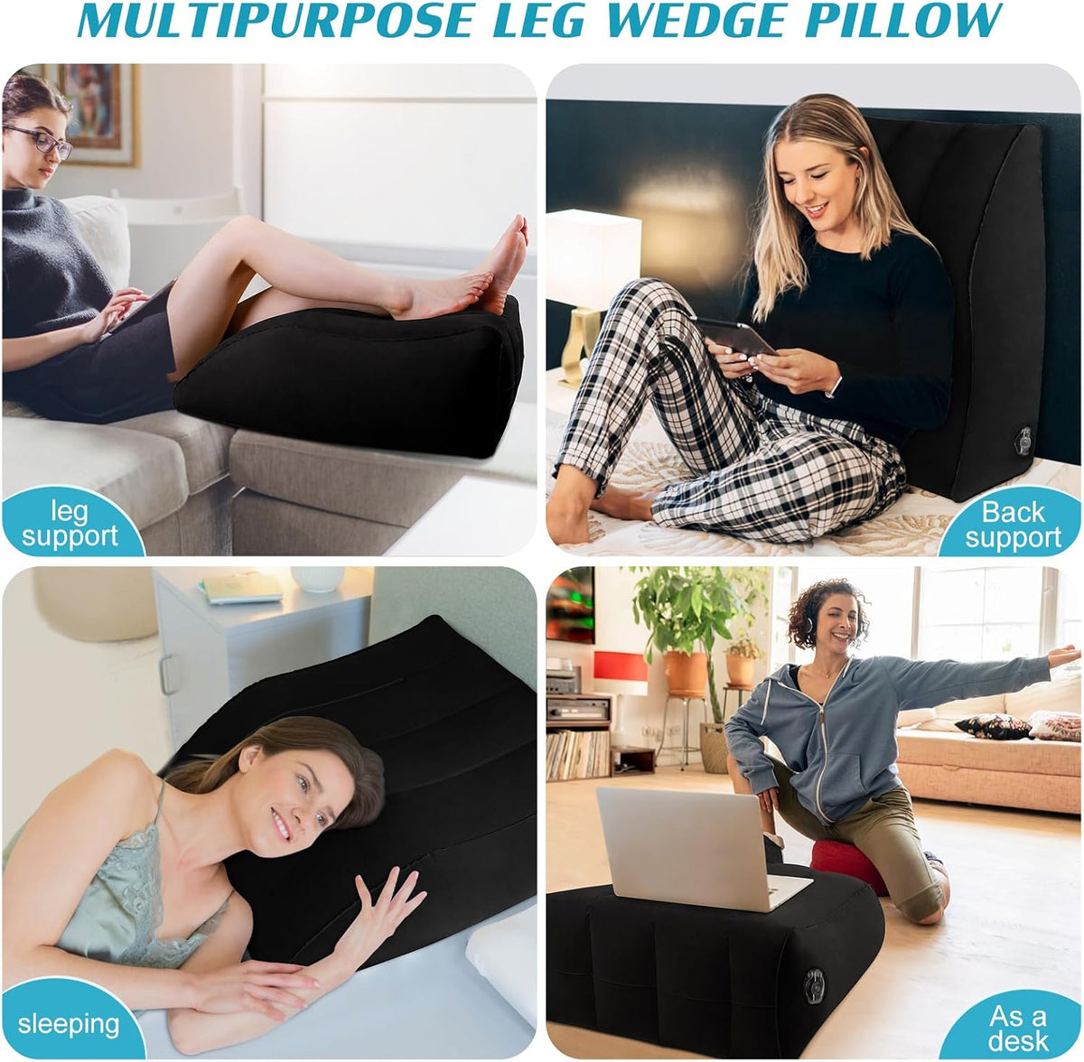 Wedge Pillow for Sleeping - Inflatable Leg Elevation Pillow for Swelling,Circulation,Leg & Back Pain Relief,Leg Support Pillow,Leg Wedge Pillows for After Aurgery,Hip,Foot,Ankle Recovery (Black)