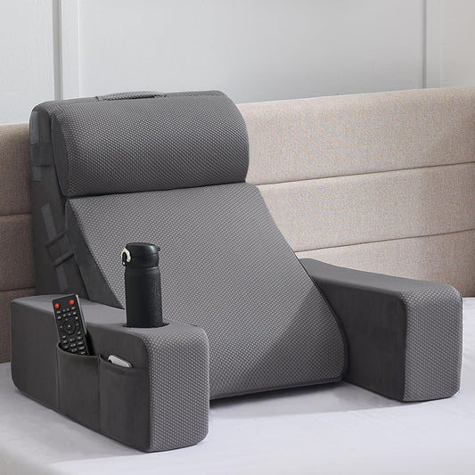 Reading Pillow for Sitting in Bed Adult, Back Pillow for Bed Sitting up with Arms, Pockets and Cup holder, Sit Up Backrest Pillows for Beds Chair Support, Rest Pillow for Gaming (Light gray, 5PCS)