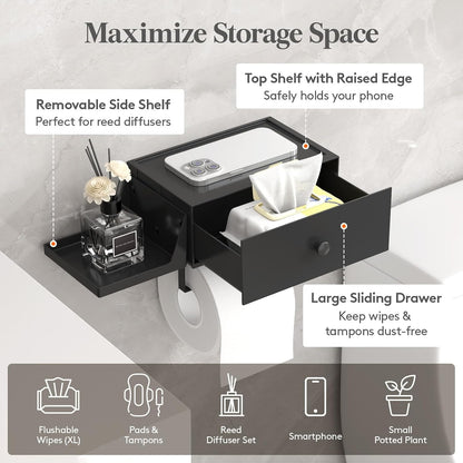 Lifewit Toilet Paper Holder Wall Mount with Shelf & Drawer, Black, 1 Pack | Screw or adhesive installation, sturdy bathroom tissue storage, holds wipes & small toiletries, bathroom accessory organizer