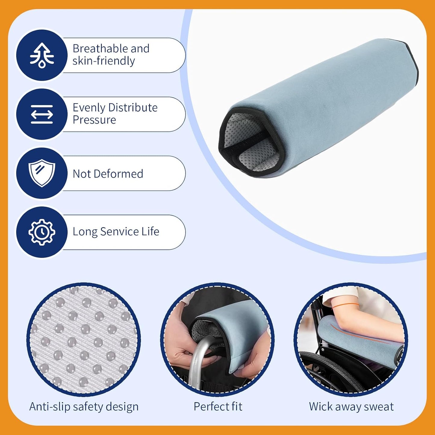 Wheelchair Armrest Covers (Pair)-Memory Foam Wheelchair armrest Pads Wicking Washable Non Slip Arm Rest Cover Cushion Pad for wheelchairs Office Chairs armchairs (Blue-Gray)