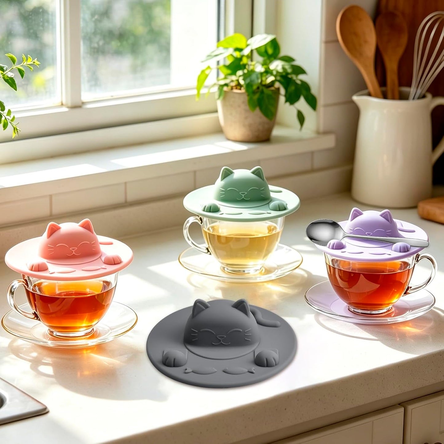 Enenes 4 Pack Silicone Tea Bag Holder and Squeezer, 4 Inch Cat-Shaped Cup Lid Cover for Tea Bags, Reusable Dishwasher Safe Mug Cover for Tea Cups and Coffee Mugs