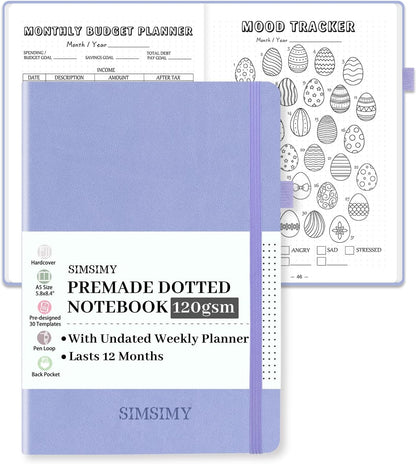 Premade Dotted Journal Notebook with Bullet Templates, Pre-made Dot Grid Journaling with Undated Weekly & Monthly Planner, Various Trackers - 12 Month Organization, A5 Hardcover