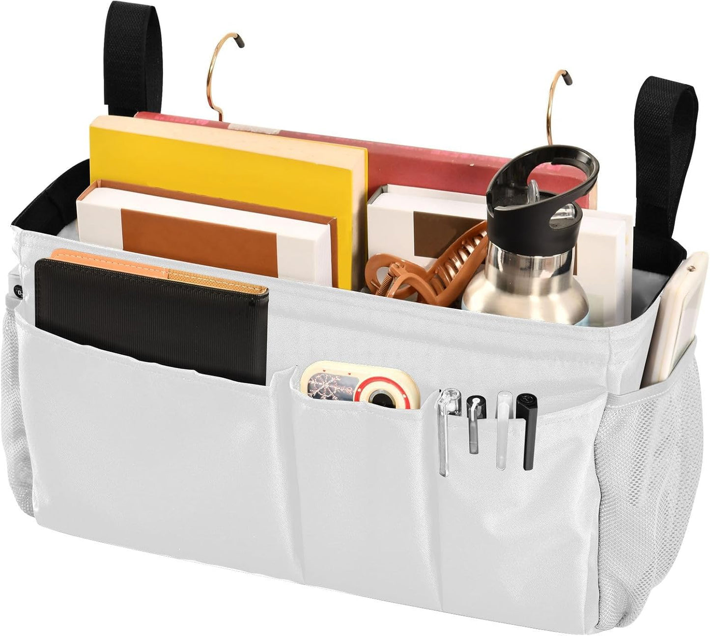 Black Bedside Caddy Storage Bag Bedside Organizer for Bed Rails College Dorm Room Organizer Caddy Hanging Shelf 6 Pockets with Hooks for Drinks Magazine Phone Holder