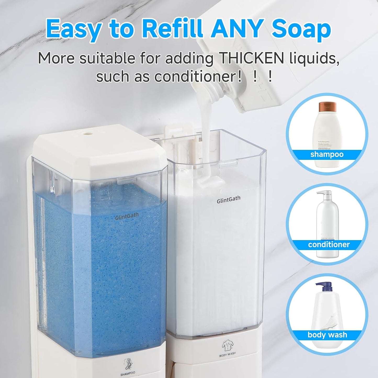 GlintGath Shower Dispenser 3 Chamber No Drill Wall Mounted Shampoo Conditioner Body Wash Dispenser, Large Capacity 1500ML, Black