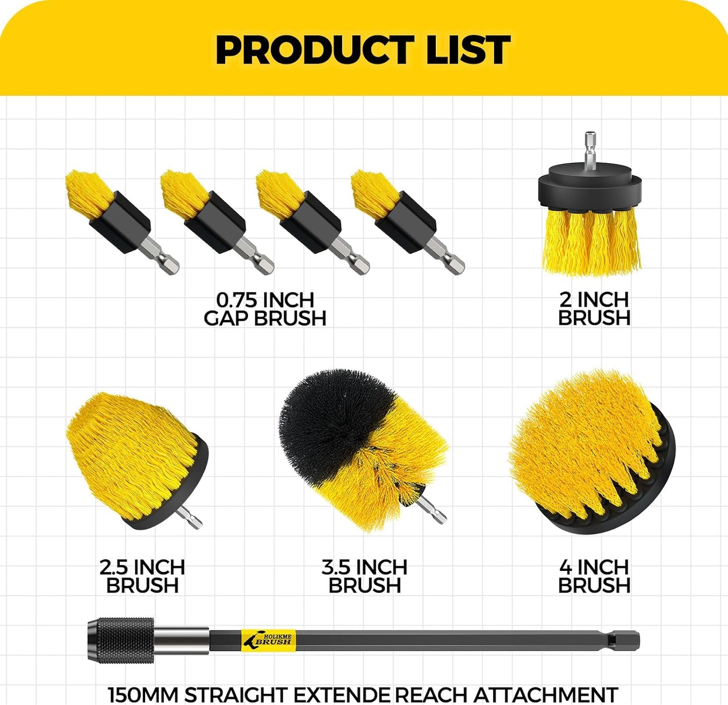 Holikme 9Pack Drill Brush Attachments Set，Power Scrubber Kit for Clean | 8 Nylon Scrub Brushes,1 Extend Long Attachment, Tile, Tub, Shower, Floors, Kitchen and Auto Interior Care,Yellow