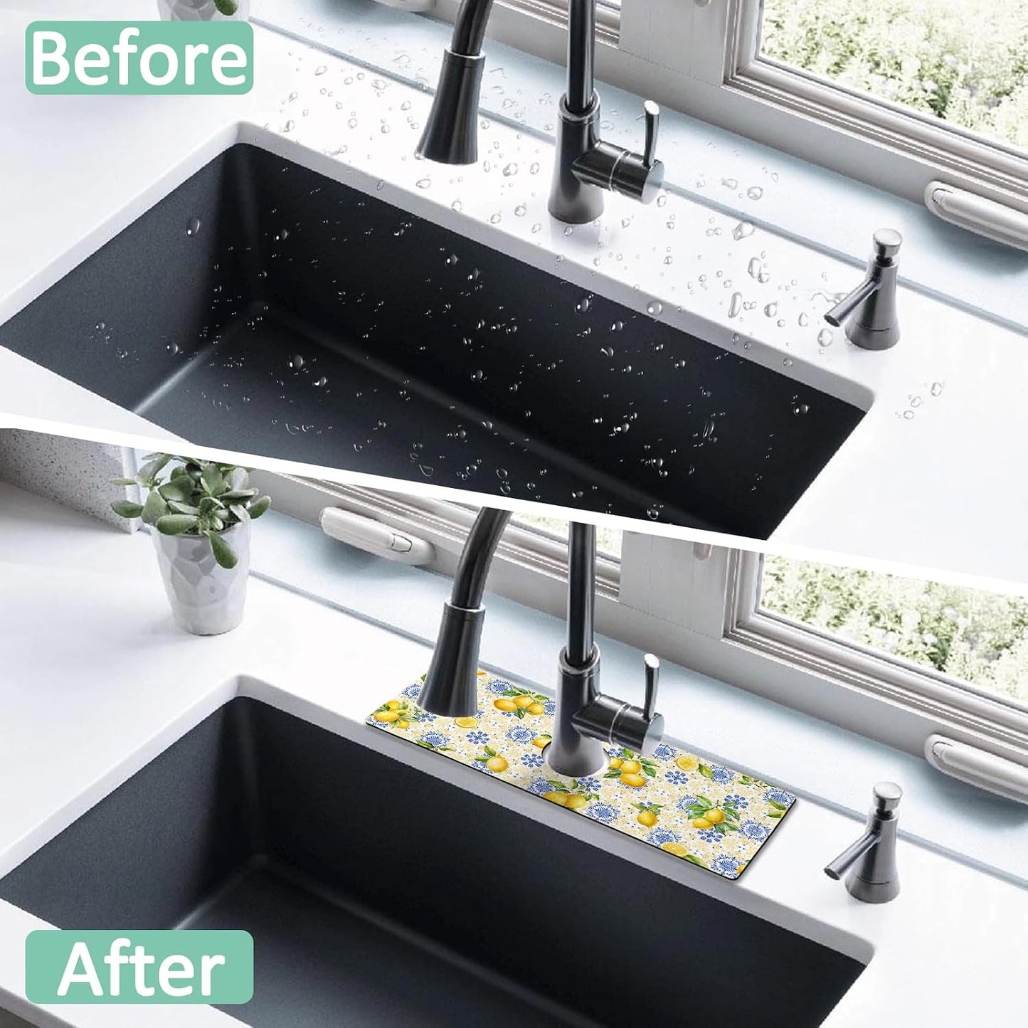 Kitchen Sink Splash Guard Faucet Mat 24" X 5.5" Tropical Leavesl Absorbent Fast Drying Mat Faucet Draining Mat Sink Splash Guard Behind Faucet Drip Catcher for Kitchen Bathroom