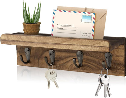 HRONRAD Rustic Key Holder for Wall, Farmhouse Wall Shelf with 4 Hooks, Wall Mounted Key Racks, Wooden Mail Organizer with Hooks for Entryway (Brown - Pine)