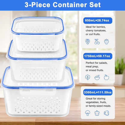 Airtight Fruit Storage 3Pcs – Removable Colander Baskets for Fridge Organization