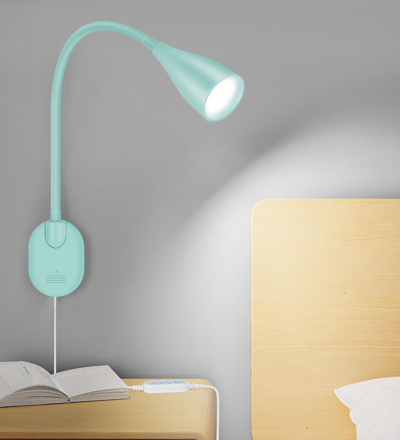 LiFMIRA Wall-Mounted LED Bedside Reading Light with USB Charging Port, 10-Level Dimmable & Adjustable 5 Color, Plug-in Adhesive Night Lamp for Books in Bed, Eye-Caring Bedroom Lighting (White)