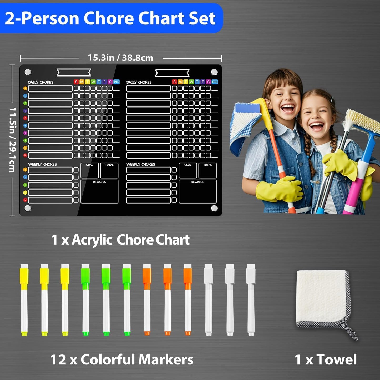 PigPotParty 2-in-1 Acrylic Magnetic Chore Chart for 2 Kids, Large 16x12 in | Clear Dry Erase Fridge Chore Board for Teens, Roommates; Vibrant Layout; Embedded Magnets; 12 Wet-Erase Markers and Towel