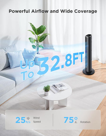 GoveeLife 36 in. Black Tower Fan for Bedroom, 5 Modes 8 Speeds up to 25ft/s | Smart Floor Fan with App/Voice Control, Temp Sensor, 29dB Bladeless Oscillating Fan for Office, 24H Timer, Auto Cooling