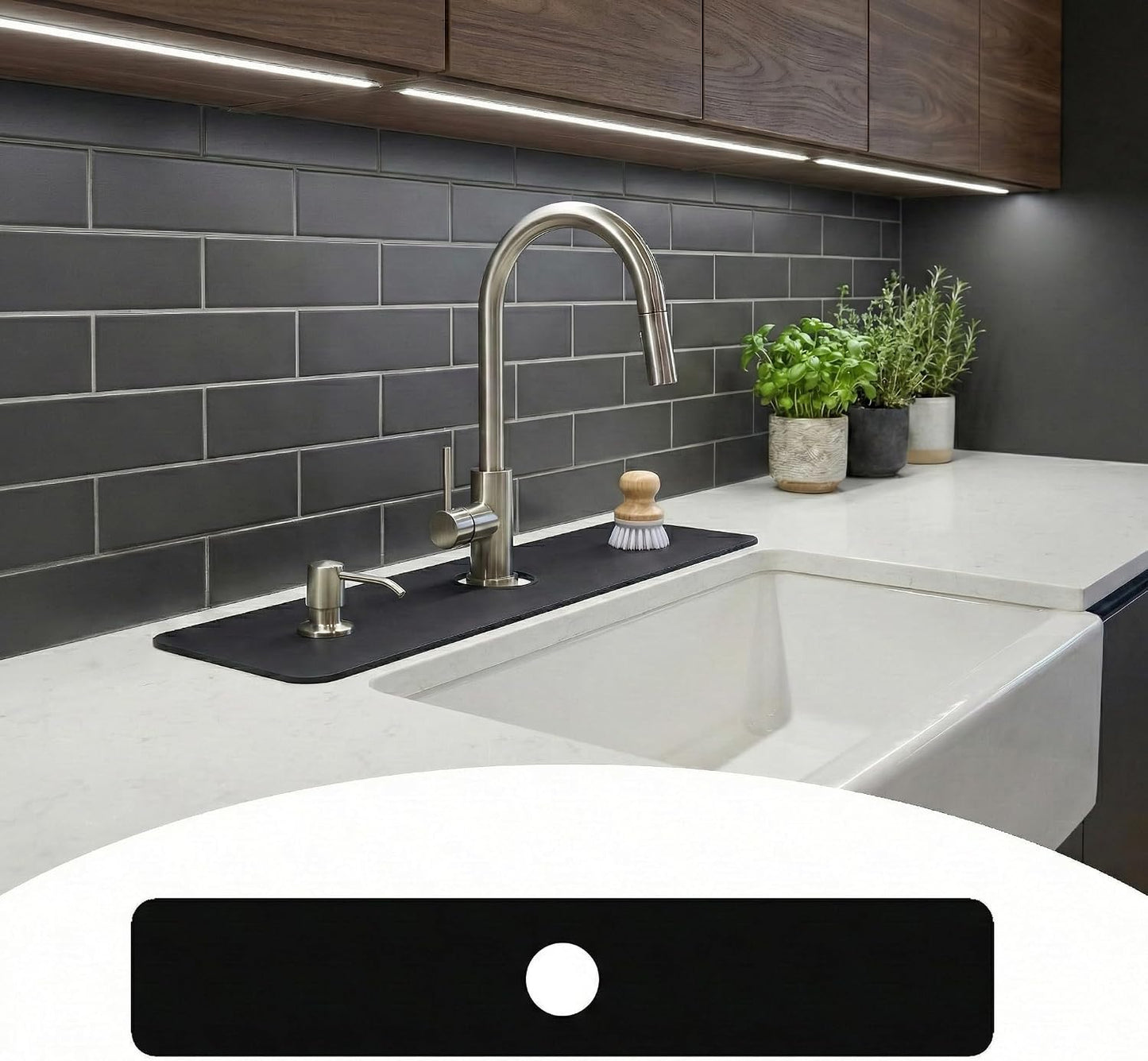 33 Lx5.5 W Long Kitchen Sink Faucet Mat: Customizable Black Splash Guard with Pre-Cut Center Hole for Large Double bowl Sink, DIY to Fits irregular & 2, 3, 4 hole sinks with Soap Dispenser & Air Gap