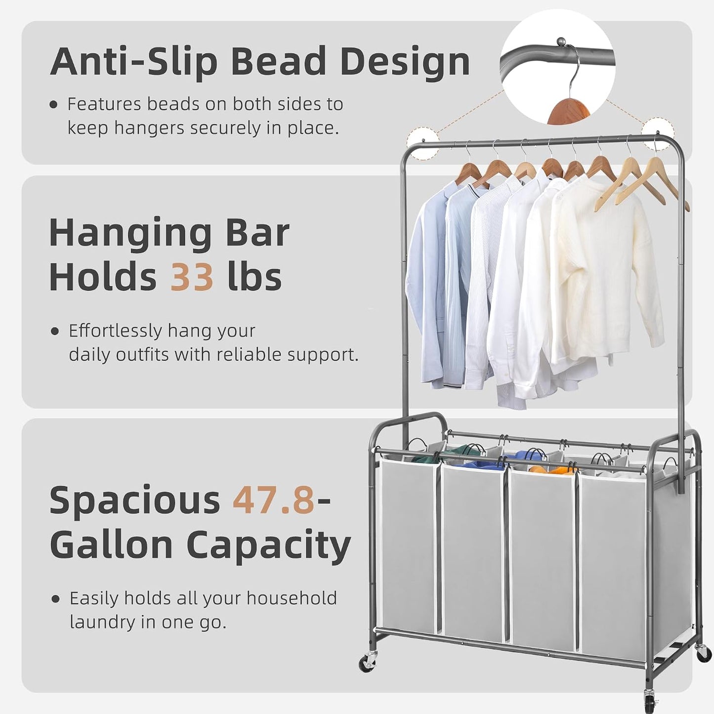 STORAGE MANIAC Laundry Sorter with Hanging Bar, Portable, Removable Laundry Hamper Cart with Heavy Duty Lockable Wheels and Removable Bags, Rolling Laundry Basket Organizer 181L, 4 Section Gray