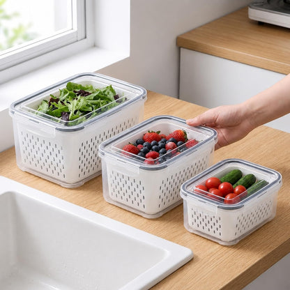 3-Pack BPA-Free Food Storage Containers with Lids & Removable Strainer – Airtight Fridge Organizer & Fresh Produce Keeper for Fruits, Vegetables & Meat, Dishwasher & Freezer Safe (0.85L, 1.75L, 3.3L)