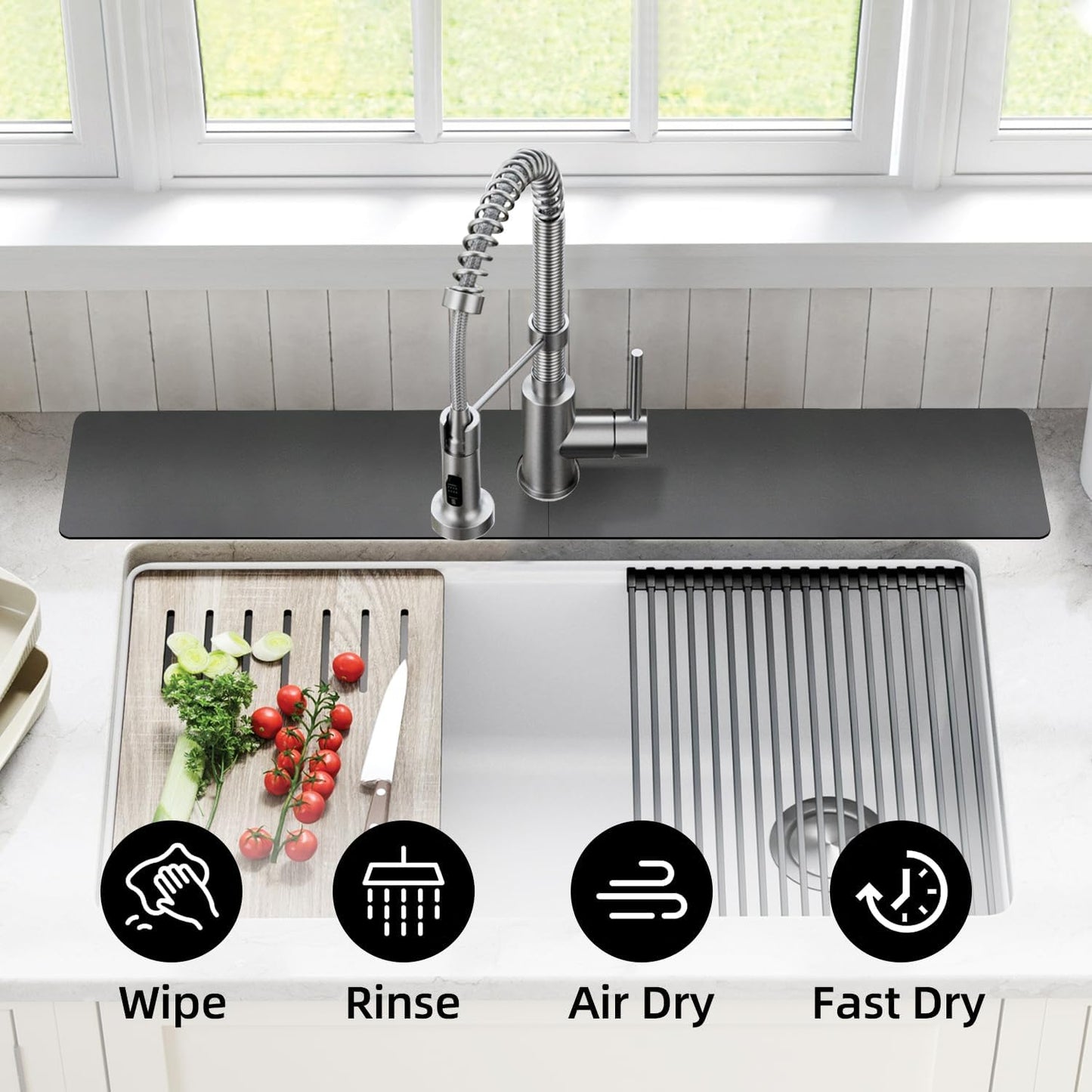 LOPNUR Cuttable Faucet Mat for Kitchen Sink, Extra Long 29 Inch, Black | Super Absorbent & Fast Dry Diatomite Sink Splash Guard, 0.8-2.4 Inch Adjustable Faucet Hole, Cut to Fit Bathroom & RV Sinks