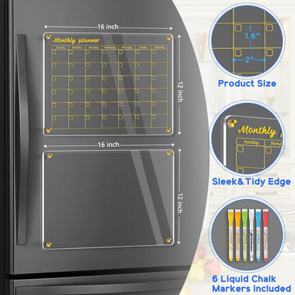 Acrylic Calendar for Fridge, Monthly Clear Acrylic Magnetic Dry Erase Board for Refrigerator, Set of 2 Stronger-Magnetic Reusable Fridge Planner, Includes 6 Liquid Chalk Markers