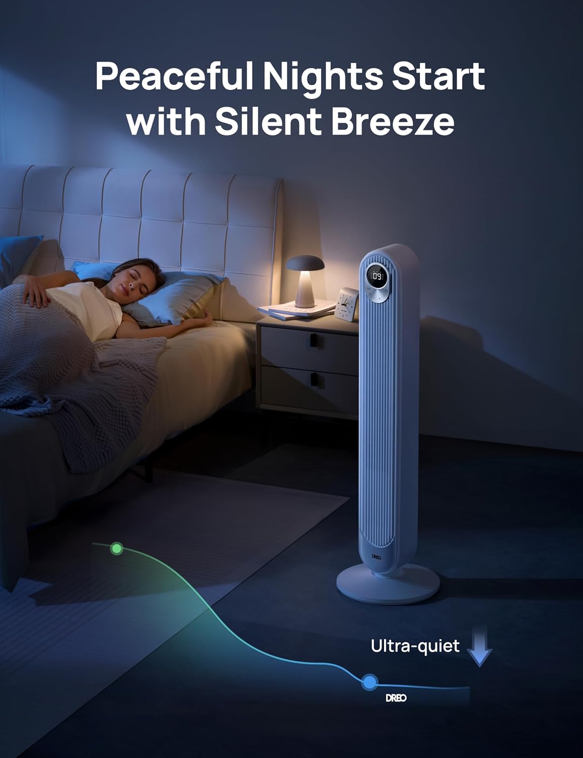 DREO Tower Fan for Bedroom, 26ft/s Velocity, 90° Oscillating, 8H Timer