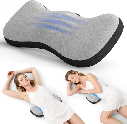 Lumbar Support Pillow for Bed, Lower Back Pillow for Sleeping, Memory Foam Waist Pain Relief Pillows, Lumbar Pillow for Sleeping, Bed, Car, Couch (Grey Black)