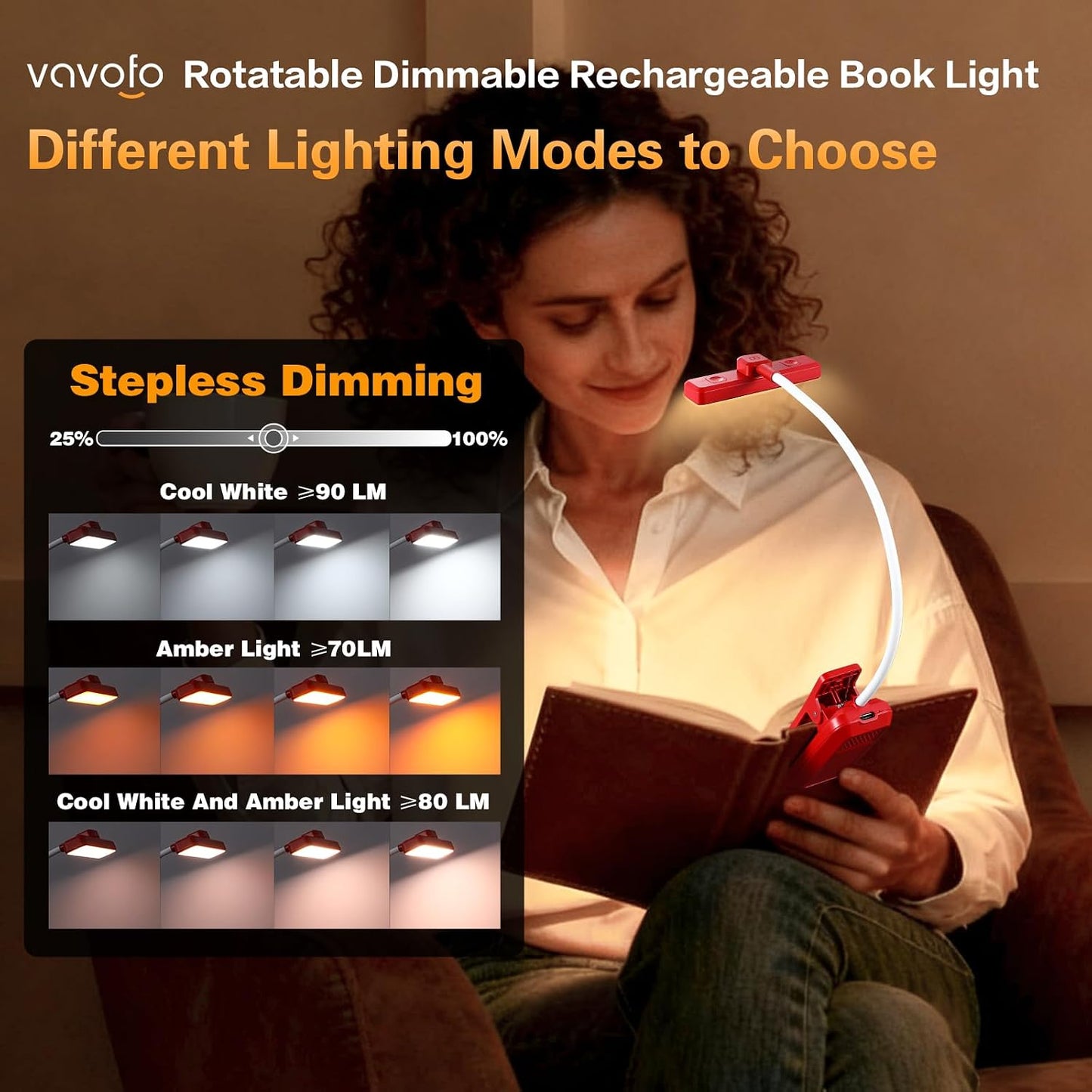 VAVOFO Rechargeable Book Light Rotatable：24 LEDs Reading Light, 3-Color & 9-Brightness Book Lamp, Eye Cared 120Hrs Runtime Lightweight Clip on Led Light for Book Lovers (Black)