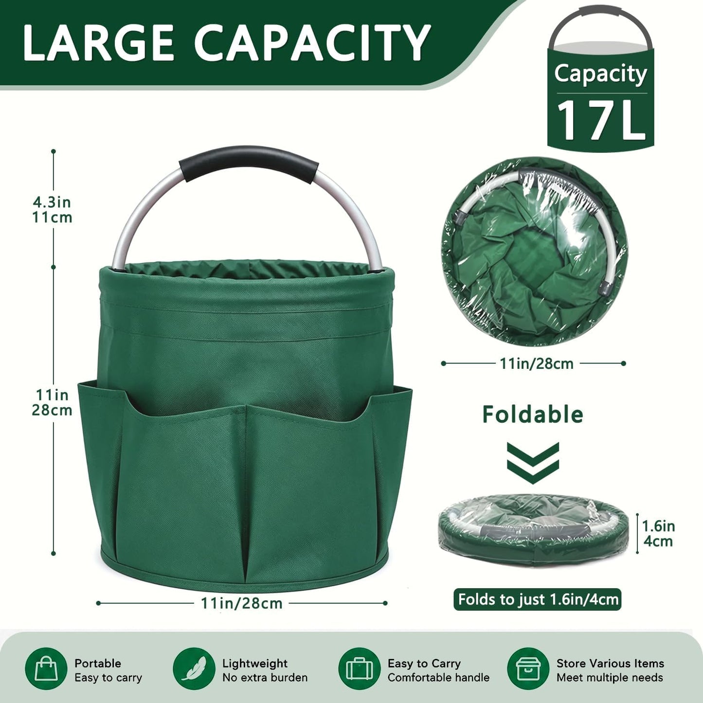 Cleaning Caddy with Handle, 17L Foldable Storage Basket, Heavy Duty 600D Oxford Cloth Organizer, Portable Supply Bag, Multi-Purpose Supplies Caddy for Home, Bathroom, Kitchen, Garden - Black