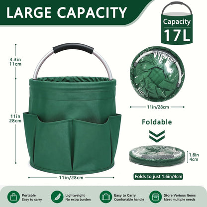 Cleaning Caddy with Handle, 17L Foldable Storage Basket, Heavy Duty 600D Oxford Cloth Organizer, Portable Supply Bag, Multi-Purpose Supplies Caddy for Home, Bathroom, Kitchen, Garden - Black
