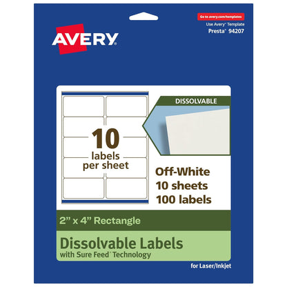 Avery Dissolvable Rectangle Labels, Sure Feed Technology, 2" x 4", Matte White, Laser/Inkjet Printable, 100 Labels Total, Freezer-Safe, Microwave-Safe, Refrigerator-Safe
