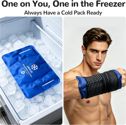 WrapRight Large Ice Pack for Injuries Reusable with Bandage for Knee | Hands-free Cold Therapy, 10"×16" L-Size for Ankle, Leg, Shoulder, Back, Flexible Gel, Dual-sided for Sensitive Skin