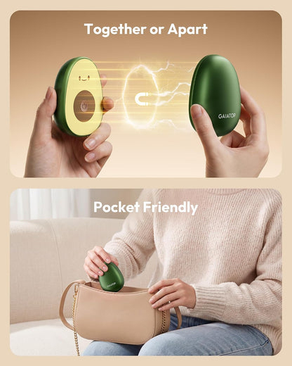Gaiatop Rechargeable Hand Warmers 2 Pack, Magnetic, Avocado | Cute Gifts, 3 Heat Levels, Electric Pocket Heater, Reusable Design, Stocking Stuffers for Women, Men, Outdoor, Camping, Golf