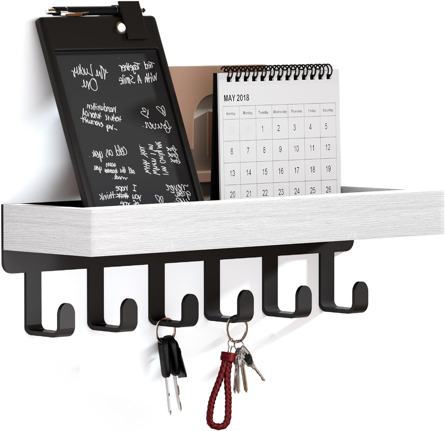 SWTYMIKI Key Holder Wall Mount - Wooden Key Hooks for Wall with Mail Organizer & 6 Hooks, 2 Installation Ways Key Hanger, Key Rack with Shelf for Entryway Living Room Bedroom Office Home Decor Black