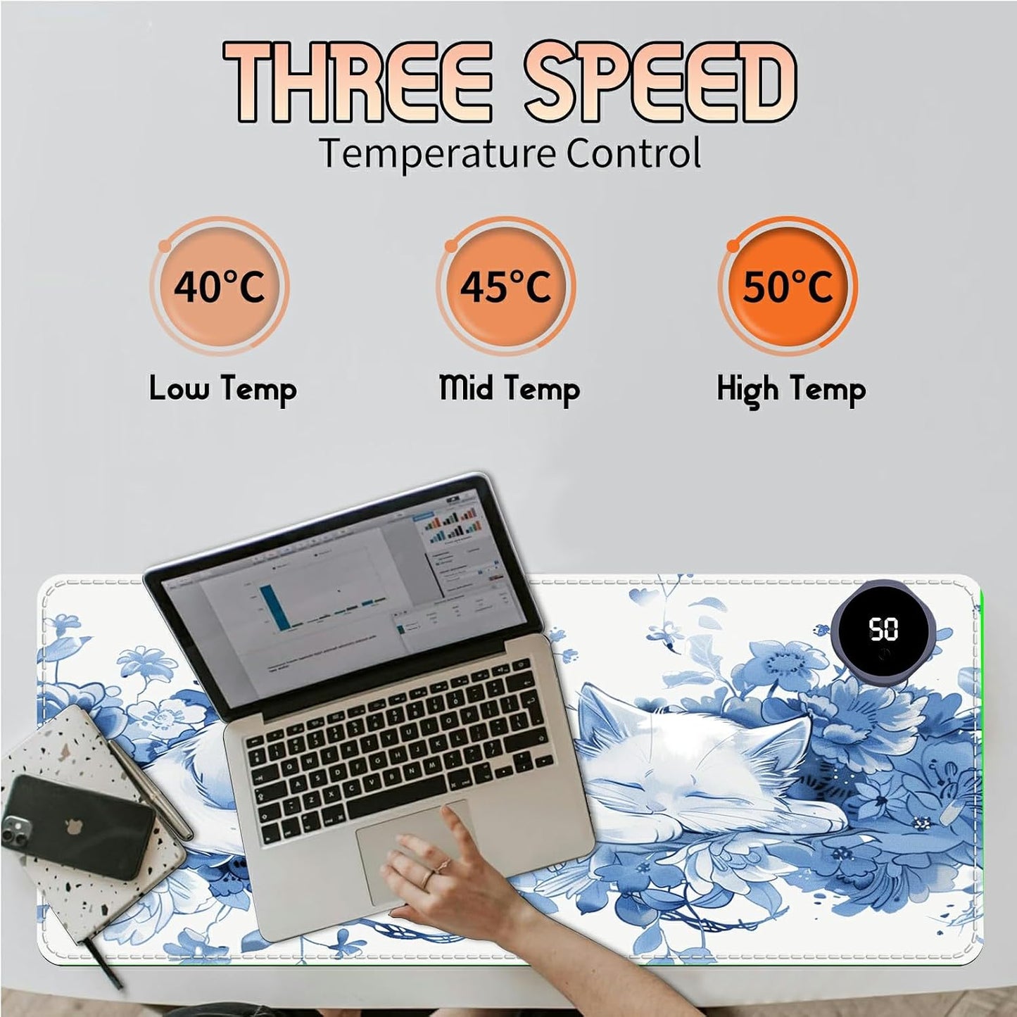 Heated Desk Pad Heated Large Mouse Pad, Electric Quickly Warm Desk Mat with 3 Levels Heating 3 Hours Auto Shut-Off, 31.5" x 13" Warm Gaming Mousepad Hand Foot Warmer, Baby Elephant