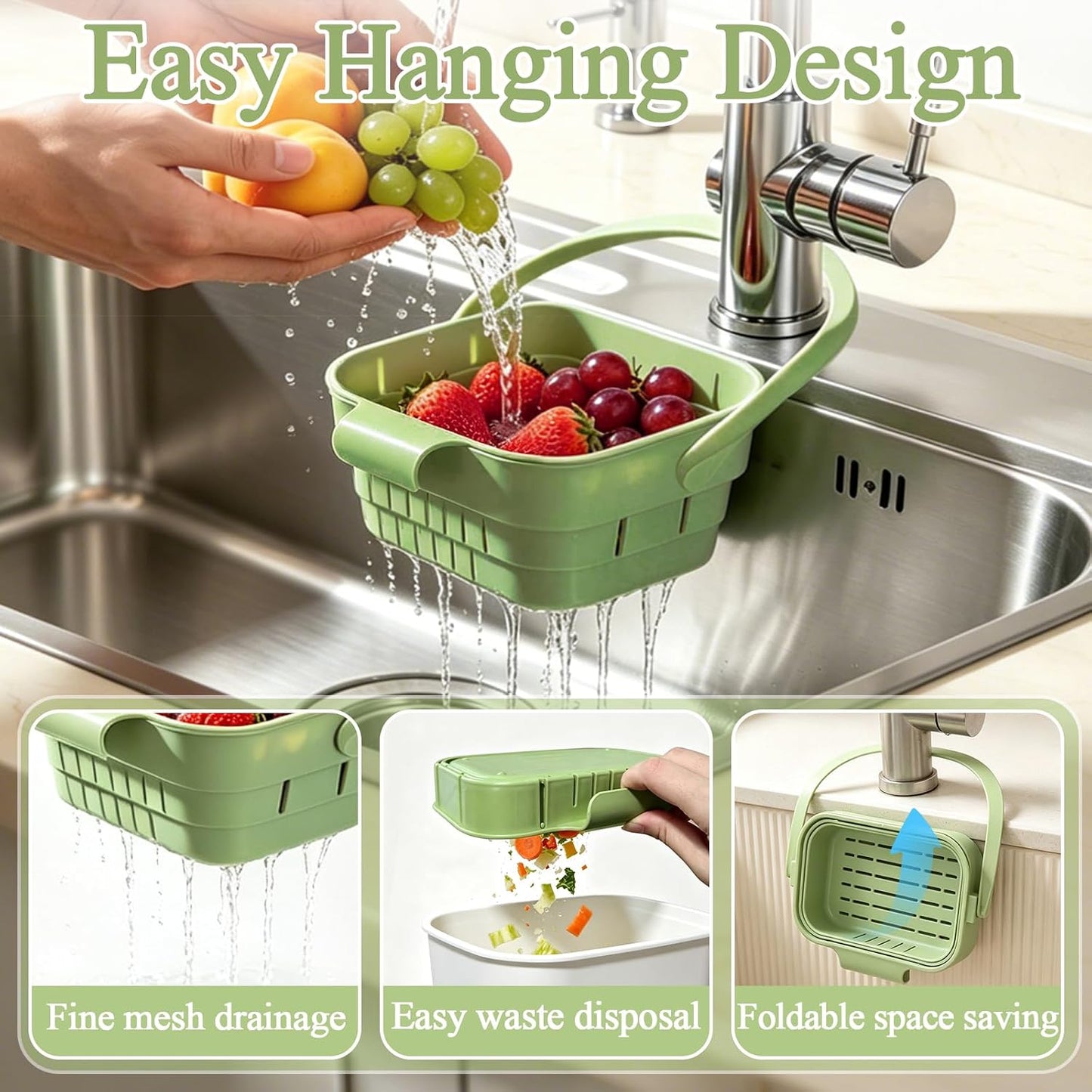 Foldable Hanging Sink Drain Basket, Hanging Sink Basket (Green) | No-Drill Foldable Design Saves Sink Space with Fast Drainage for Food Scraps, Sponge Storage, Fruit Rinsing and Kitchen Use