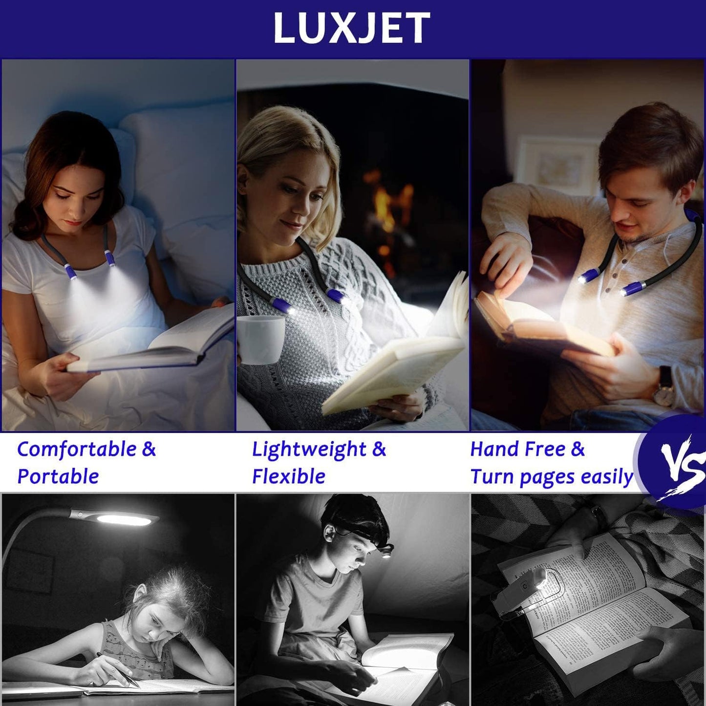 LUXJET Neck Reading Light & Book Light for Reading in Bed - Hands Free, 3 Colors & 6 Brightness Levels, 360° Flexible Arms, 80-Hour Rechargeable - Reading, Knitting, Camping, Repairing