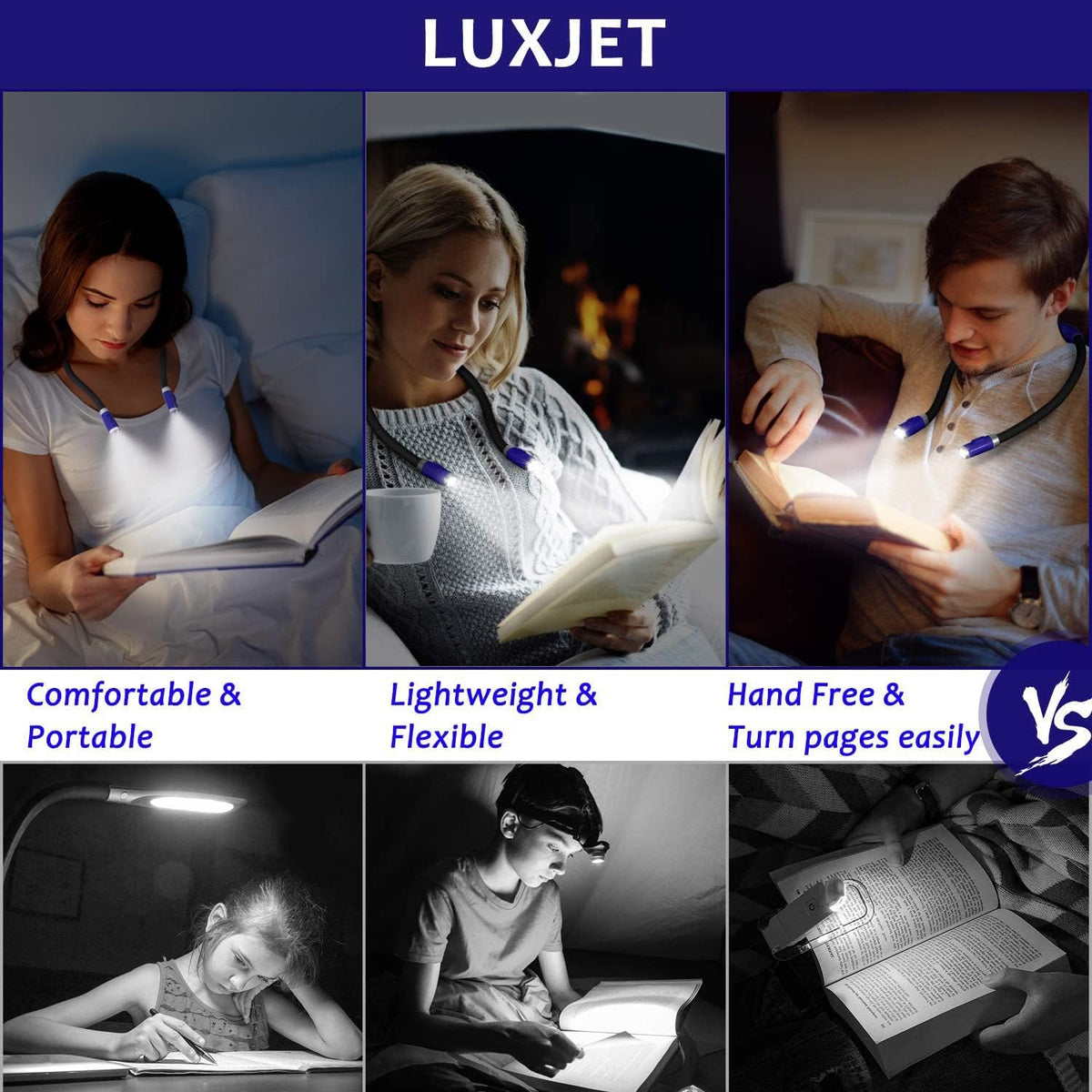 LUXJET Neck Reading Light & Book Light for Reading in Bed - Hands Free, 3 Colors & 6 Brightness Levels, 360° Flexible Arms, 80-Hour Rechargeable - Reading, Knitting, Camping, Repairing