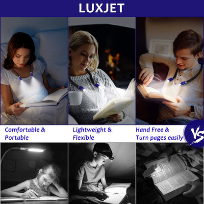 LUXJET Neck Reading Light & Book Light for Reading in Bed - Hands Free, 3 Colors & 6 Brightness Levels, 360° Flexible Arms, 80-Hour Rechargeable - Reading, Knitting, Camping, Repairing