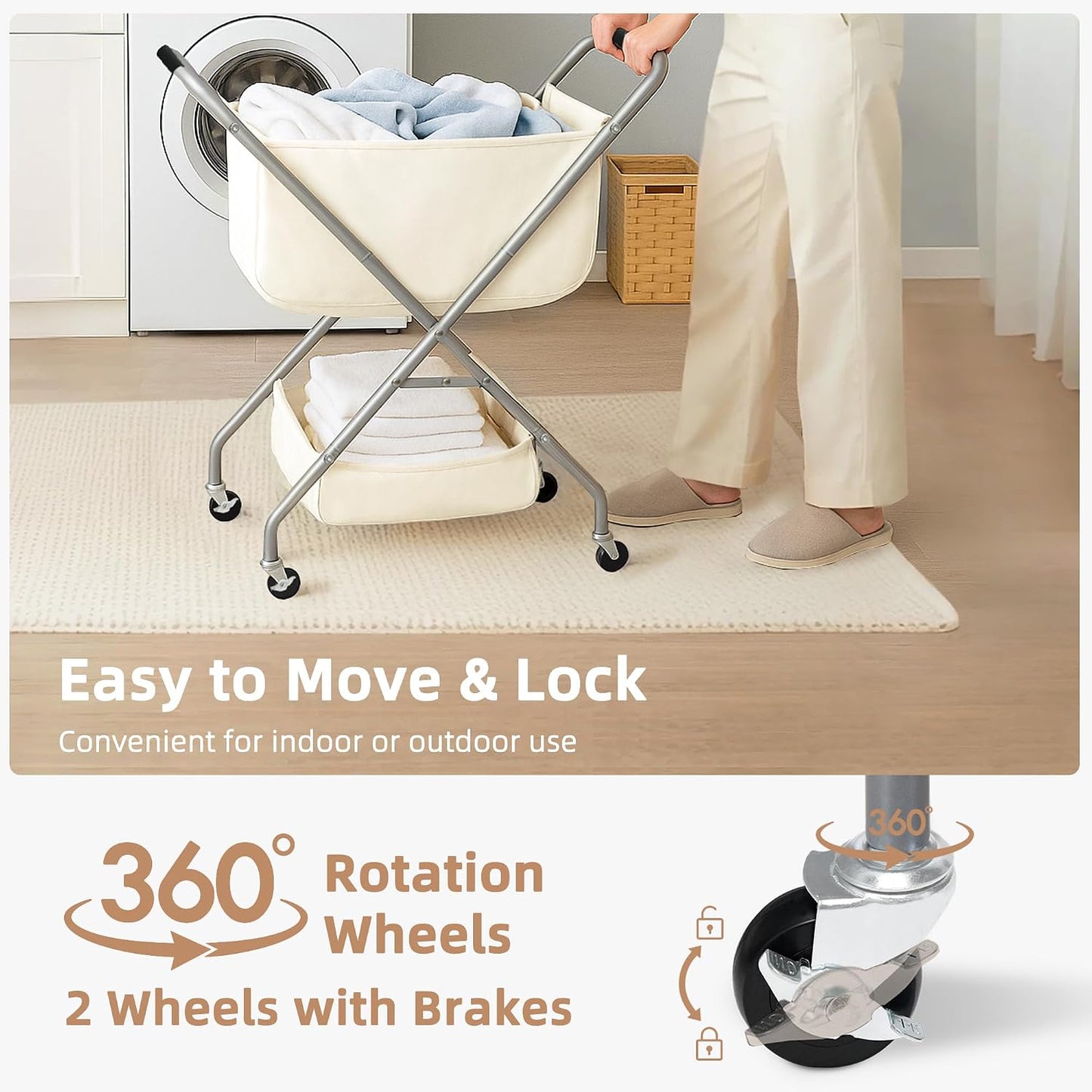 STORAGE MANIAC Collapsible Laundry Cart with Wheels 35.6"H Removable Canvas Bag Rolling Laundry Hamper Clothes Basket with Wheels, Sturdy Steel Frame Folding for Small Narrow Space Easy Storage, Beige