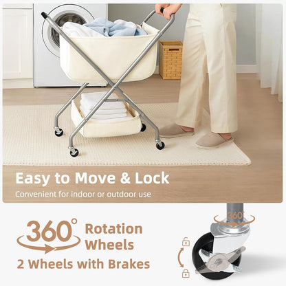 STORAGE MANIAC Collapsible Laundry Cart with Wheels 35.6"H Removable Canvas Bag Rolling Laundry Hamper Clothes Basket with Wheels, Sturdy Steel Frame Folding for Small Narrow Space Easy Storage, Beige