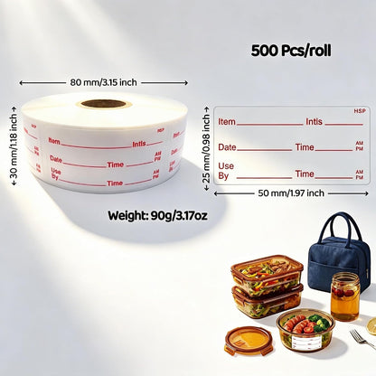 Food Storage Labels, 500 Per Roll, 1.97x0.98 Inch, Waterproof and Oil-Proof, Writable Date Stickers for Kitchen, Restaurant, Freezer Containers