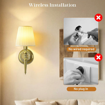 Battery Operated Wall Sconces Set of 2, Wireless Rechargeable Wall Lights with 12 RGB Colors and 3CCT Dimmable, Small Fabric LED Wall Lamps for Bedroom, Living Room, Hallway, Gold