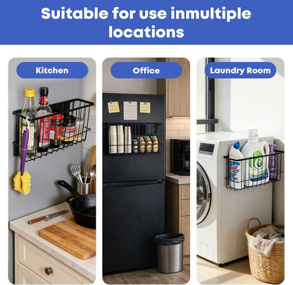 Magnetic Holder for Wool Dryer Balls & Lint Bin (2-Pack, Black) – Extra Long 14.2" & 10.4" Metal Laundry Trash Can – Washer Side Organizer with 4 Magnetic Hooks (Balls Not Included)