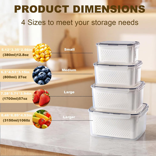 4 Plastic Sealed Freshness Boxes with Removable Filters, Fruits and Salads | 106 OZ (3.15L) + 57 OZ(1.7L) + 27 OZ(0.8L) + 13 OZ(0.38L), plastic, soaking, washing, draining, storage, stackable, nestable