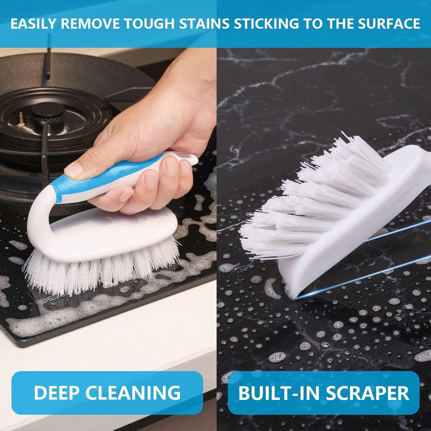 Scrub Brush Set, 4 Pack Deep Cleaning Brush Kit, Green | 2 Scrub Brush, 2 Tile & Grout Brush with Built-in Scraper, Household Commercial Scrubber for Floor, Shower, Pool Wall, Tub