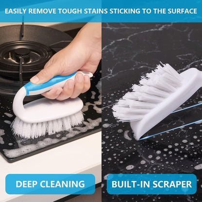 Scrub Brush Set, 4 Pack Deep Cleaning Brush Kit, Green | 2 Scrub Brush, 2 Tile & Grout Brush with Built-in Scraper, Household Commercial Scrubber for Floor, Shower, Pool Wall, Tub