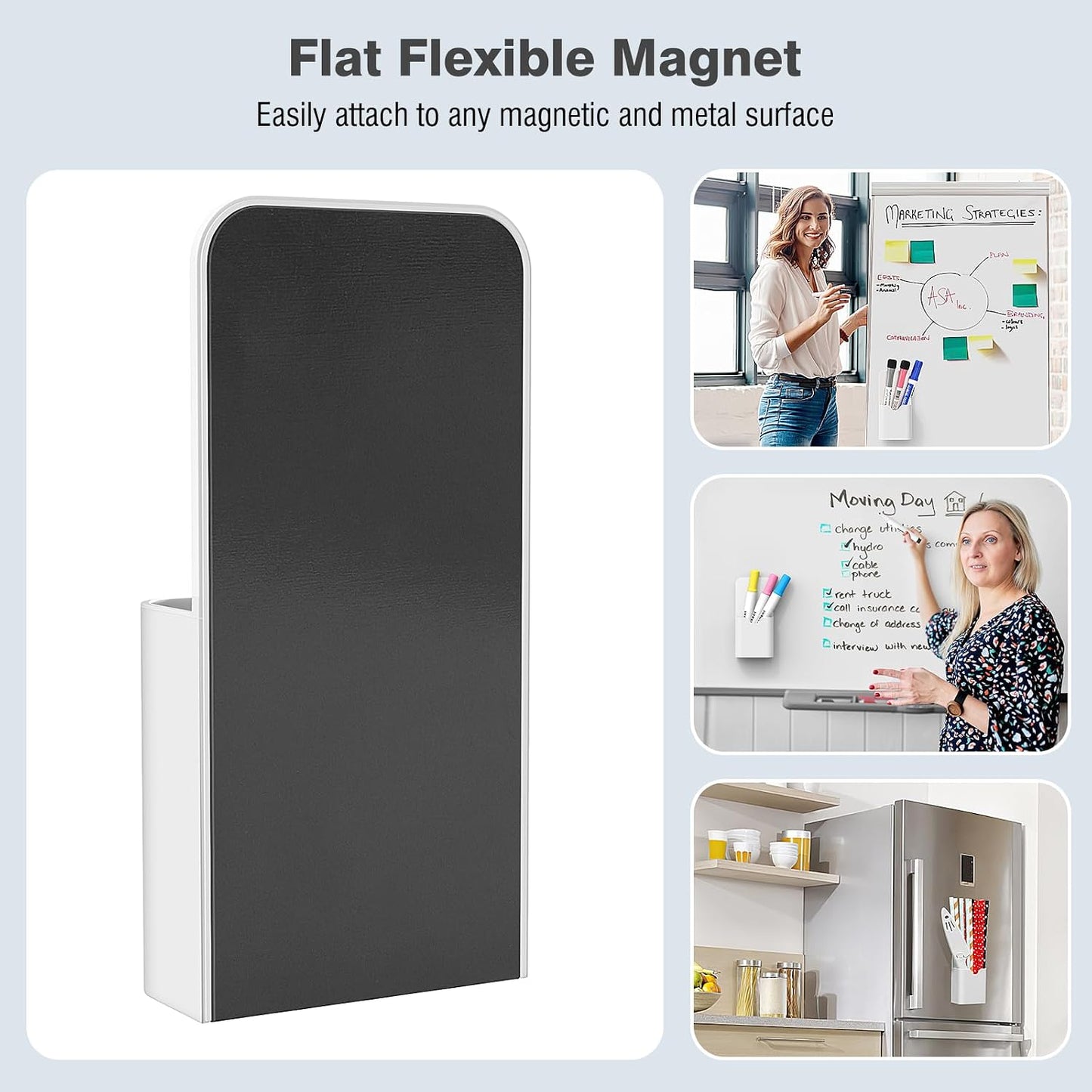 MoKo Magnetic Pen Holder, Pencil Accessories Whiteboard Organizer, White | Magnetic dry erase marker holder has two compartments and an ABS body for whiteboards, refrigerators and lockers.