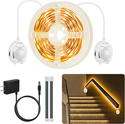 Dual Motion Sensor Light Strip Indoor Under Bed Lights Warm White 16.4Ft | Motion Activated LED Strip Lights, Auto On/Off, Two-End Motion Sensors Night Lighting 12V For Bedside Stair Cabinet Hallway